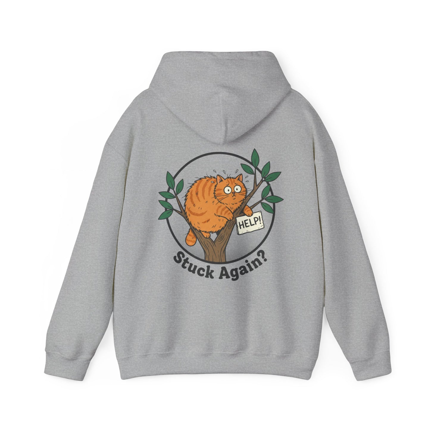 'Stuck Again?' Cat Hoodie — Funny Orange Cat in Tree Sweatshirt