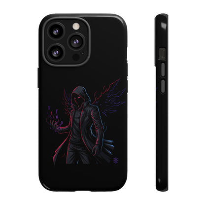 Dark Hoodie Shadow Warrior Phone Case – Protective Tough Case with Neon Winged Grim Reaper Design