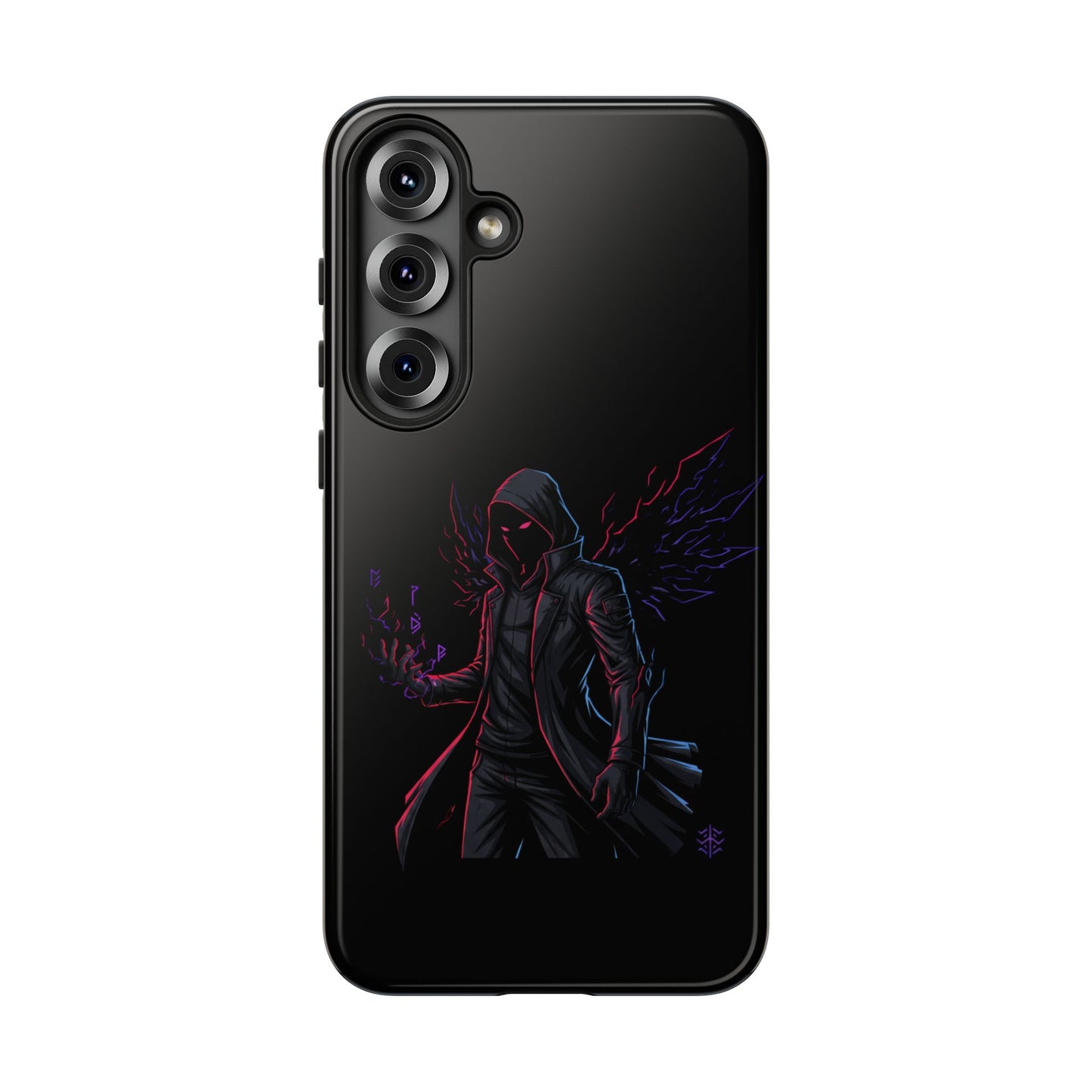 Dark Hoodie Shadow Warrior Phone Case – Protective Tough Case with Neon Winged Grim Reaper Design