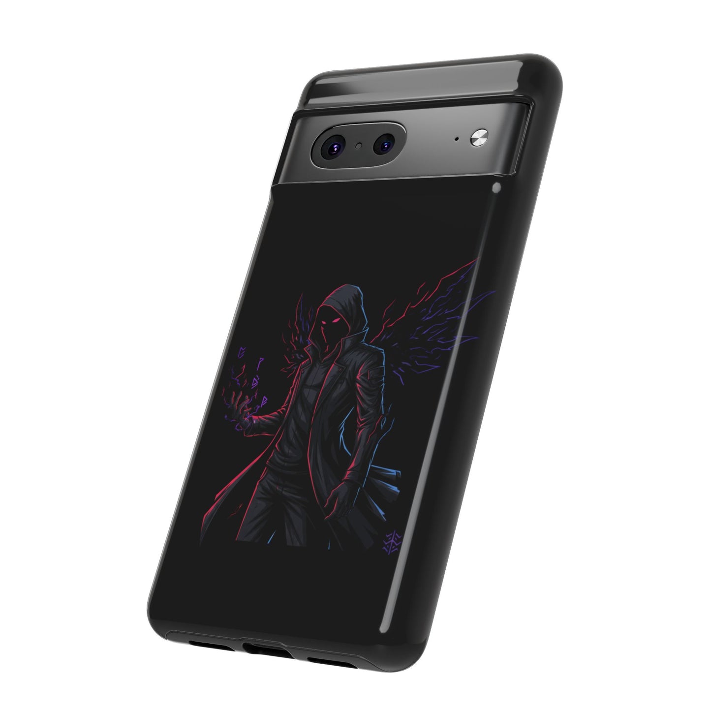 Dark Hoodie Shadow Warrior Phone Case – Protective Tough Case with Neon Winged Grim Reaper Design