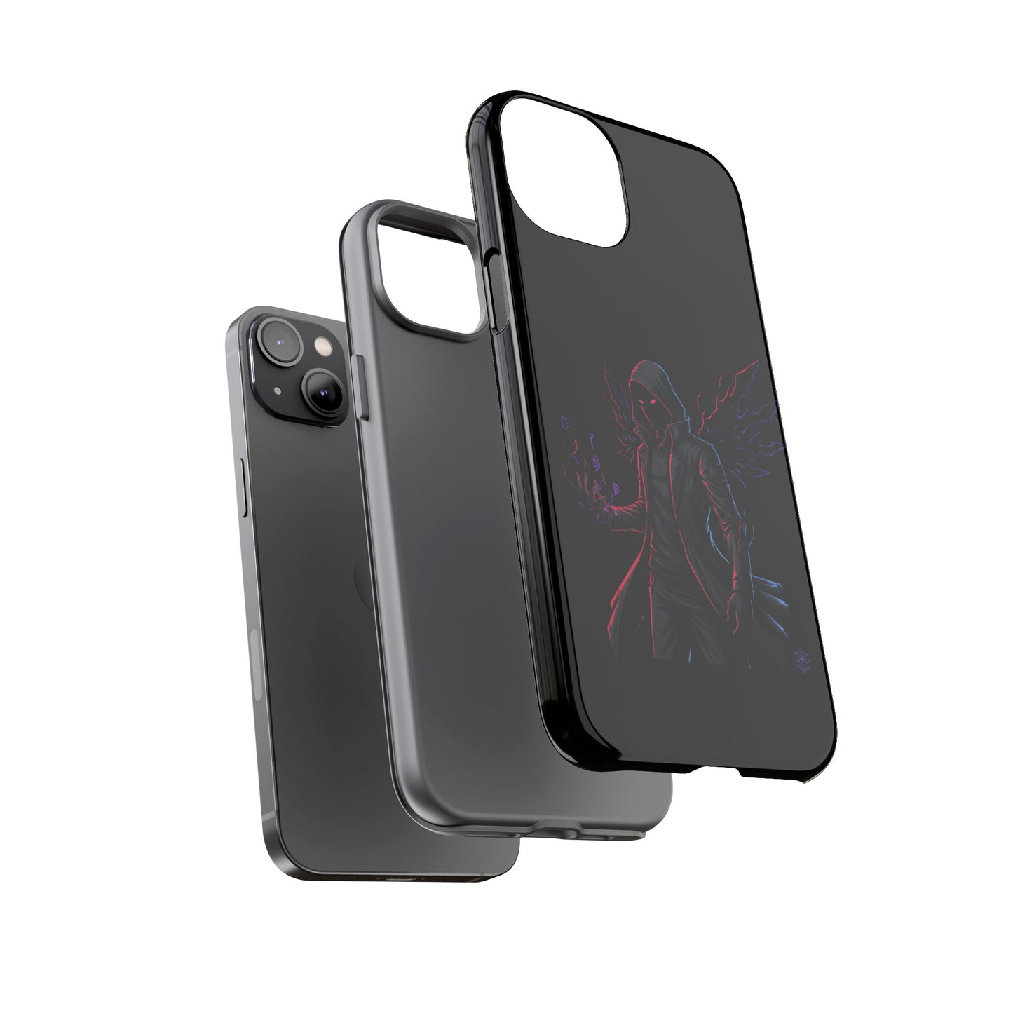 Dark Hoodie Shadow Warrior Phone Case – Protective Tough Case with Neon Winged Grim Reaper Design