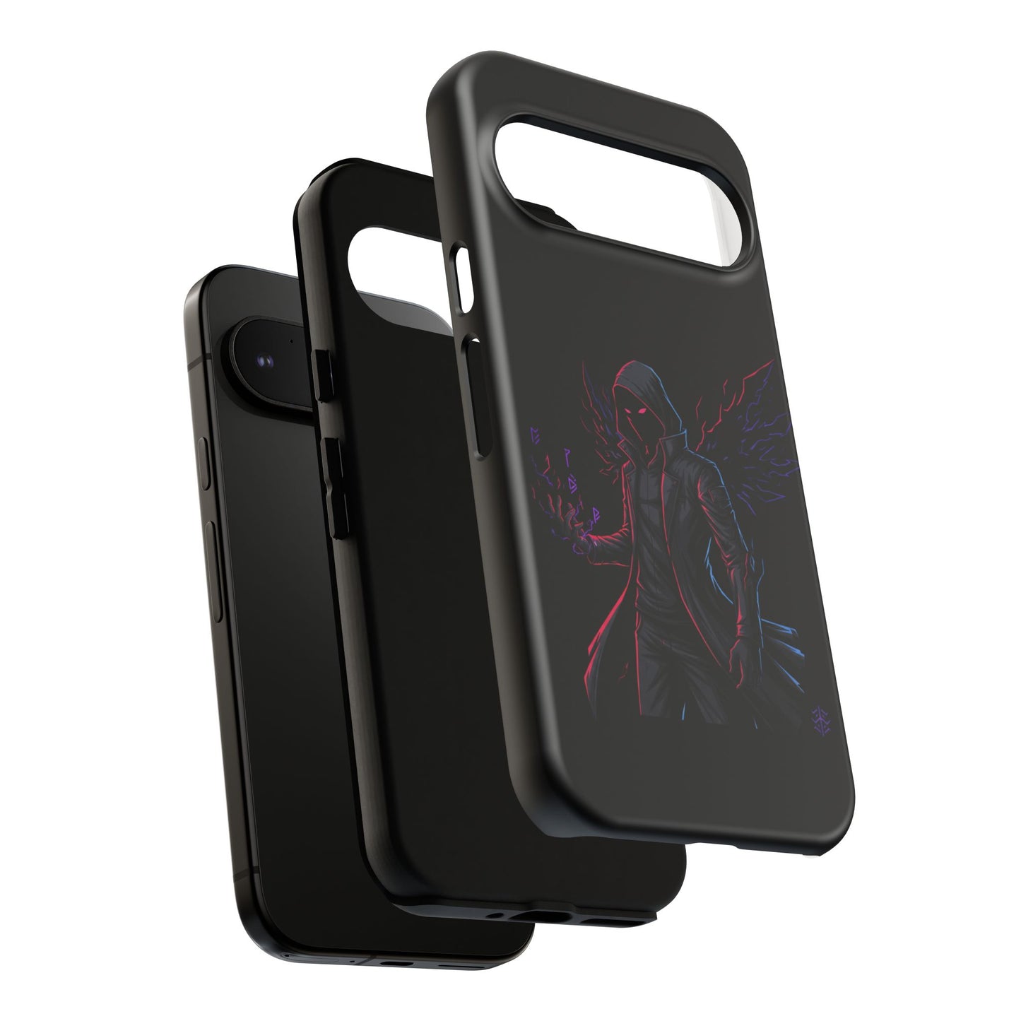 Dark Hoodie Shadow Warrior Phone Case – Protective Tough Case with Neon Winged Grim Reaper Design
