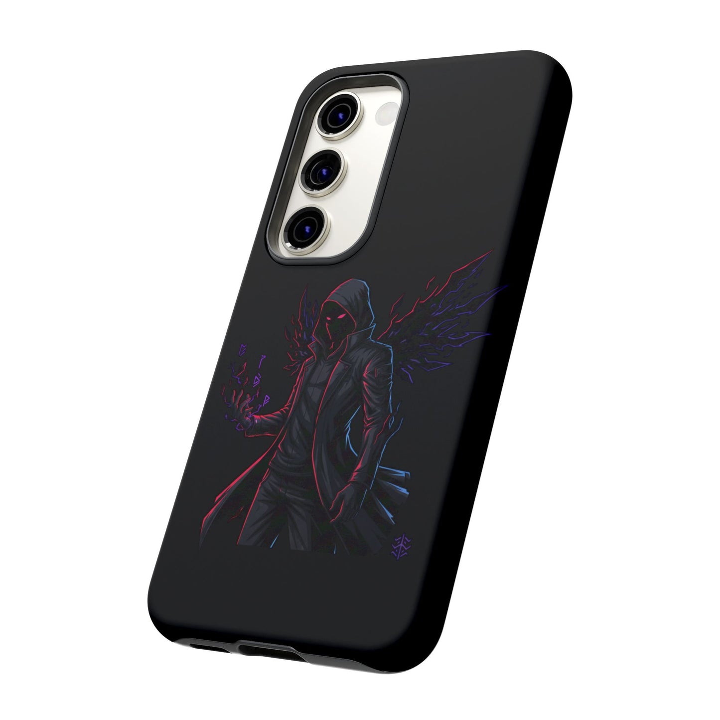 Dark Hoodie Shadow Warrior Phone Case – Protective Tough Case with Neon Winged Grim Reaper Design