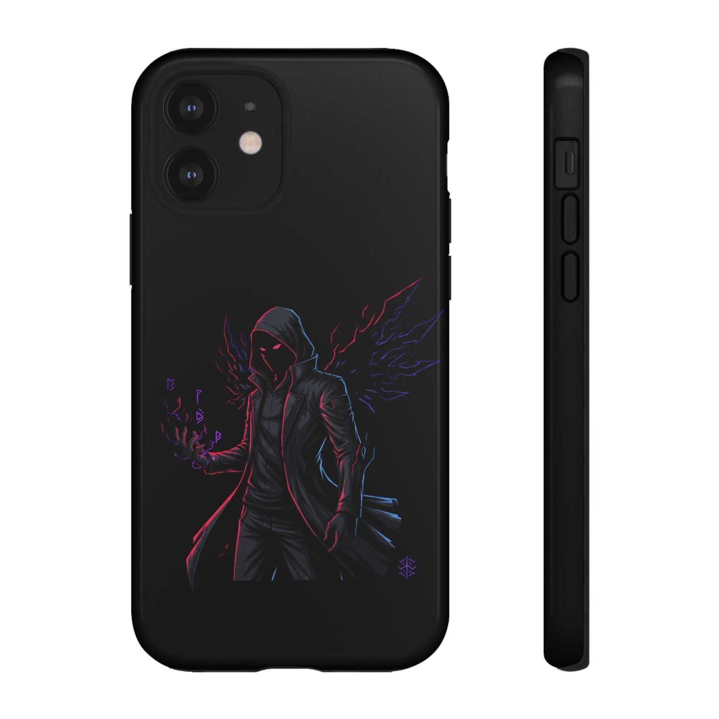 Dark Hoodie Shadow Warrior Phone Case – Protective Tough Case with Neon Winged Grim Reaper Design