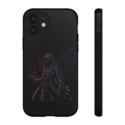 Dark Hoodie Shadow Warrior Phone Case – Protective Tough Case with Neon Winged Grim Reaper Design