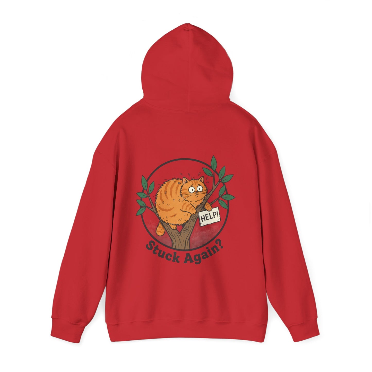 'Stuck Again?' Cat Hoodie — Funny Orange Cat in Tree Sweatshirt