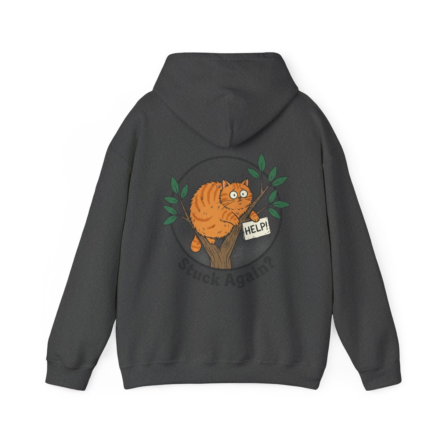 'Stuck Again?' Cat Hoodie — Funny Orange Cat in Tree Sweatshirt