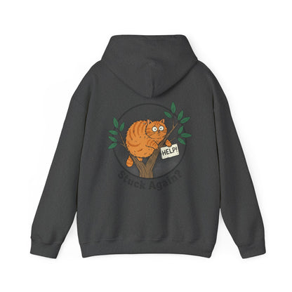 'Stuck Again?' Cat Hoodie — Funny Orange Cat in Tree Sweatshirt
