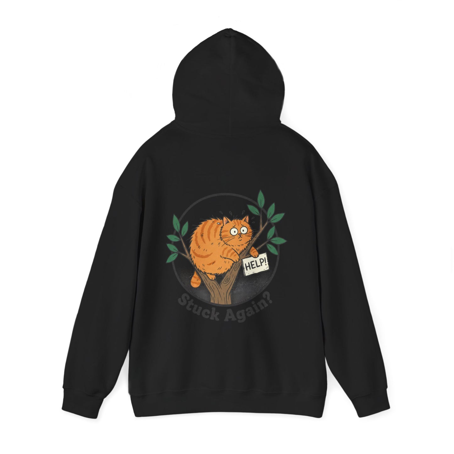 'Stuck Again?' Cat Hoodie — Funny Orange Cat in Tree Sweatshirt