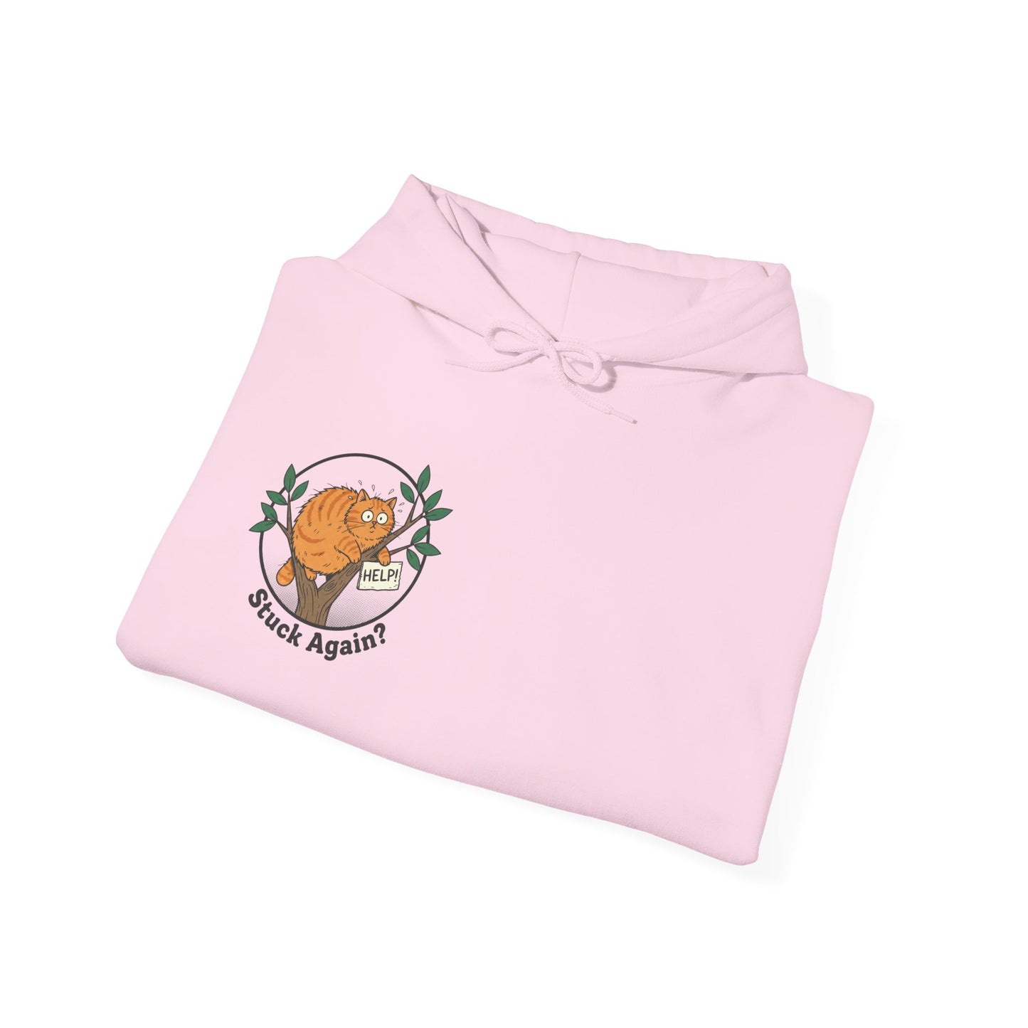 'Stuck Again?' Cat Hoodie — Funny Orange Cat in Tree Sweatshirt