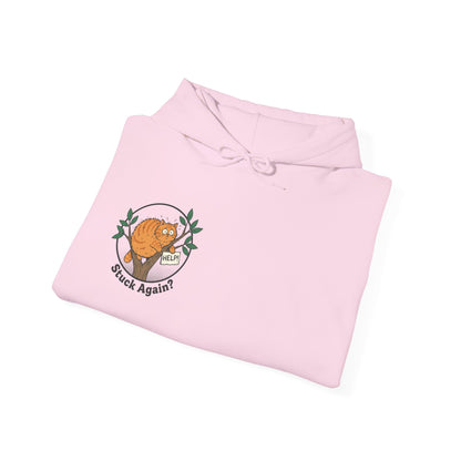 'Stuck Again?' Cat Hoodie — Funny Orange Cat in Tree Sweatshirt