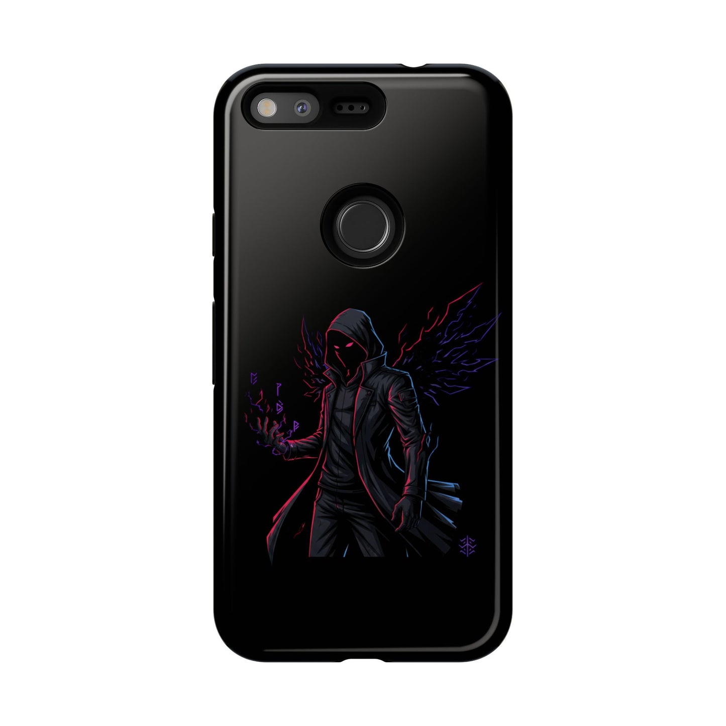 Dark Hoodie Shadow Warrior Phone Case – Protective Tough Case with Neon Winged Grim Reaper Design
