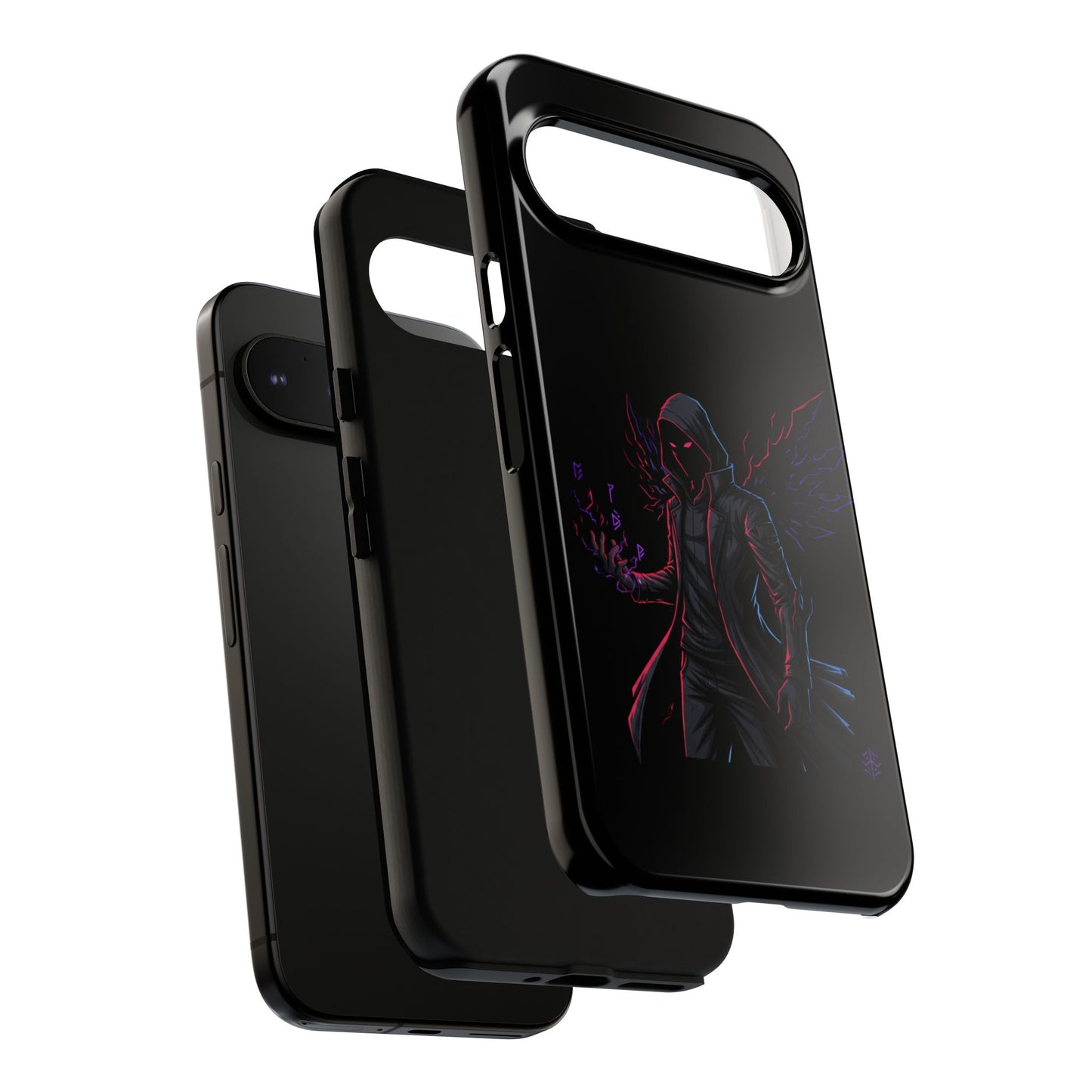Dark Hoodie Shadow Warrior Phone Case – Protective Tough Case with Neon Winged Grim Reaper Design
