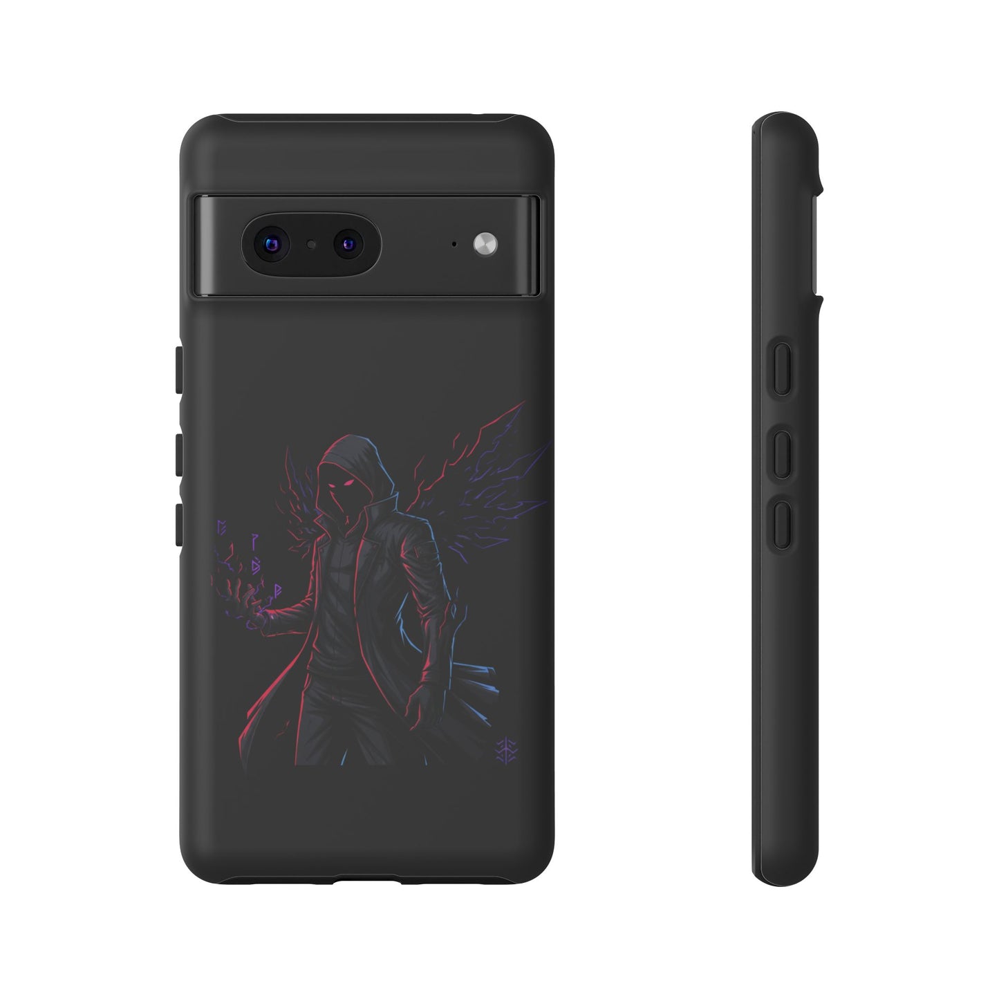 Dark Hoodie Shadow Warrior Phone Case – Protective Tough Case with Neon Winged Grim Reaper Design