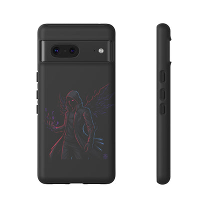 Dark Hoodie Shadow Warrior Phone Case – Protective Tough Case with Neon Winged Grim Reaper Design