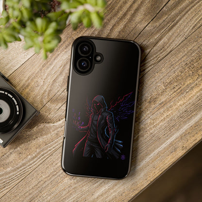 Dark Hoodie Shadow Warrior Phone Case – Protective Tough Case with Neon Winged Grim Reaper Design