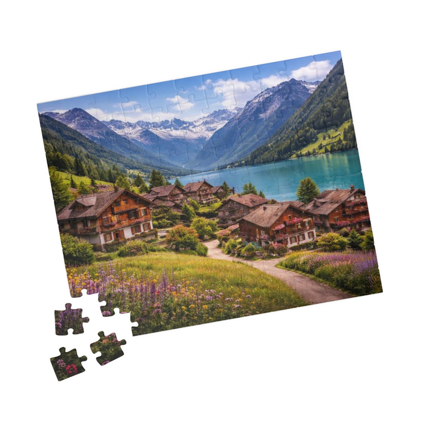 Scenic Alpine Lakeside Village Jigsaw Puzzle — 110/252/520/1014 pcs