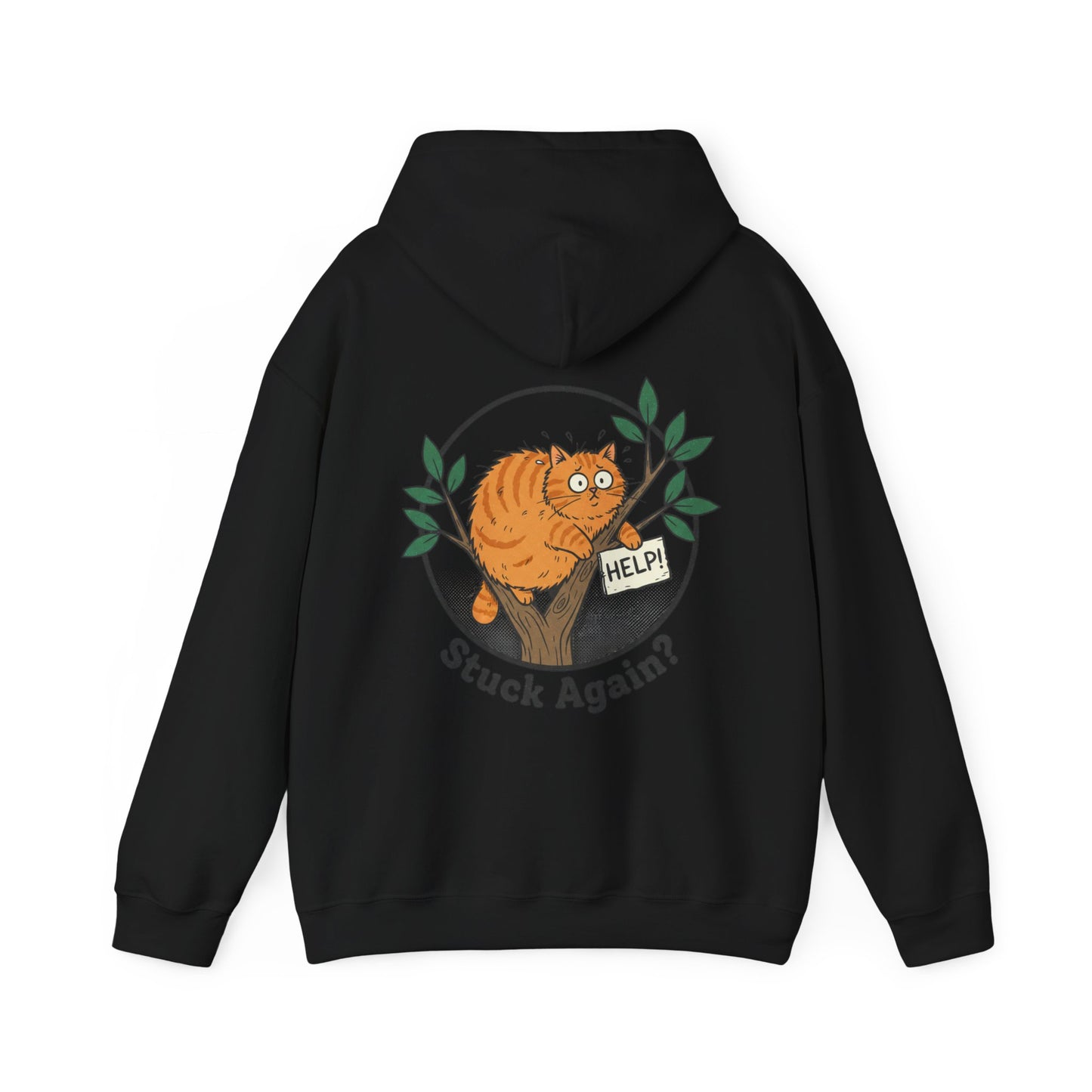 'Stuck Again?' Cat Hoodie — Funny Orange Cat in Tree Sweatshirt