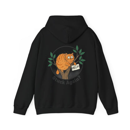 'Stuck Again?' Cat Hoodie — Funny Orange Cat in Tree Sweatshirt