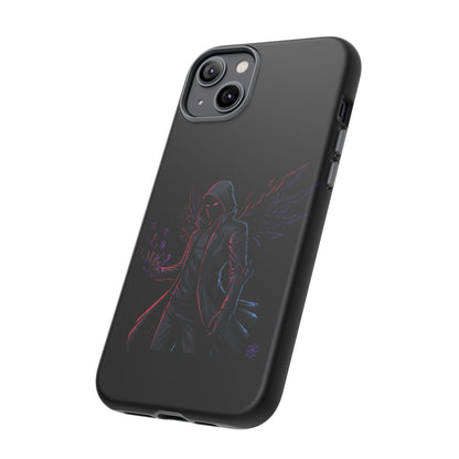 Dark Hoodie Shadow Warrior Phone Case – Protective Tough Case with Neon Winged Grim Reaper Design