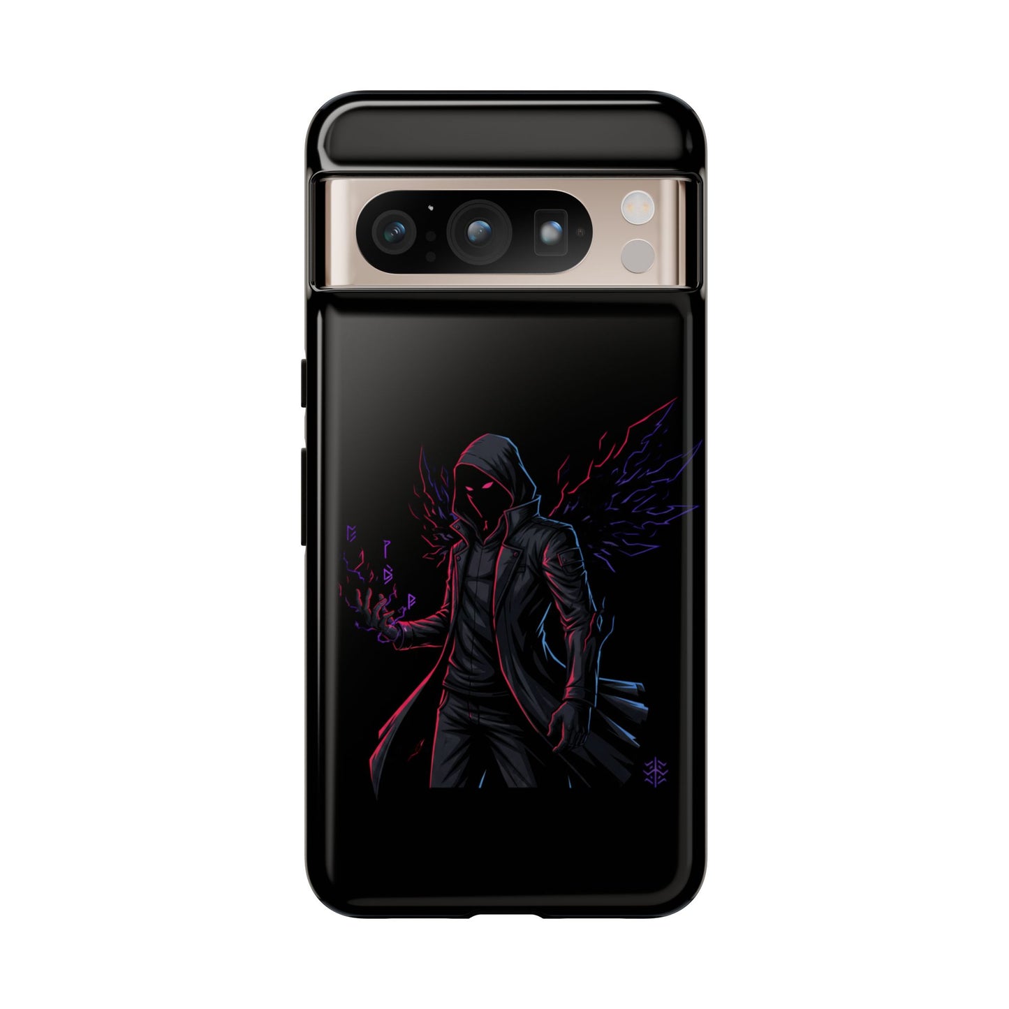 Dark Hoodie Shadow Warrior Phone Case – Protective Tough Case with Neon Winged Grim Reaper Design