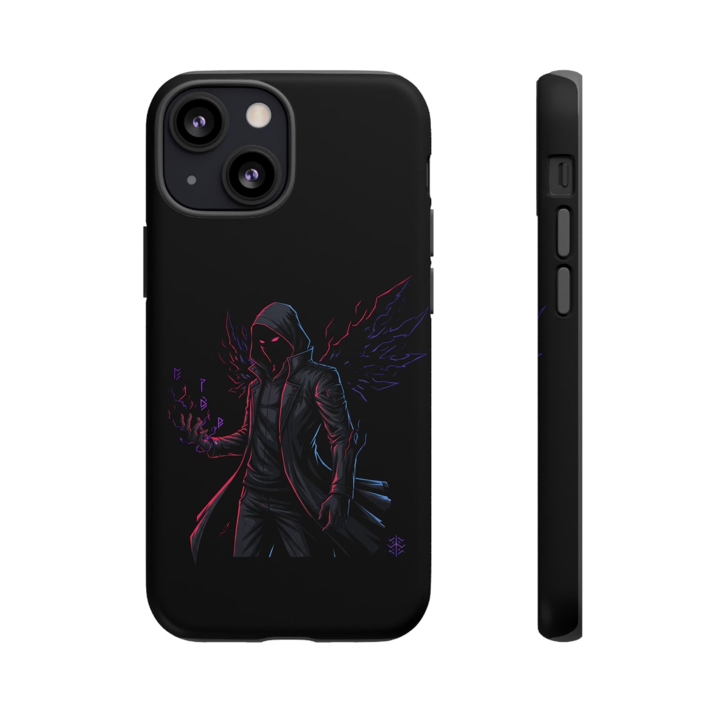 Dark Hoodie Shadow Warrior Phone Case – Protective Tough Case with Neon Winged Grim Reaper Design