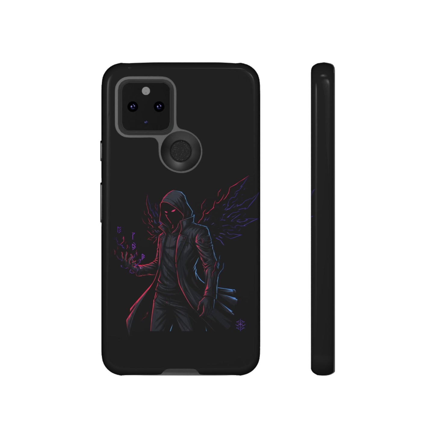 Dark Hoodie Shadow Warrior Phone Case – Protective Tough Case with Neon Winged Grim Reaper Design