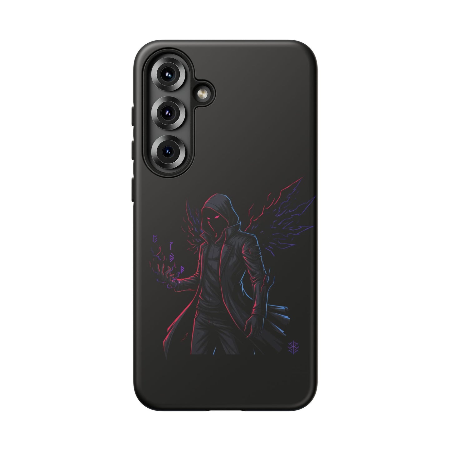 Dark Hoodie Shadow Warrior Phone Case – Protective Tough Case with Neon Winged Grim Reaper Design