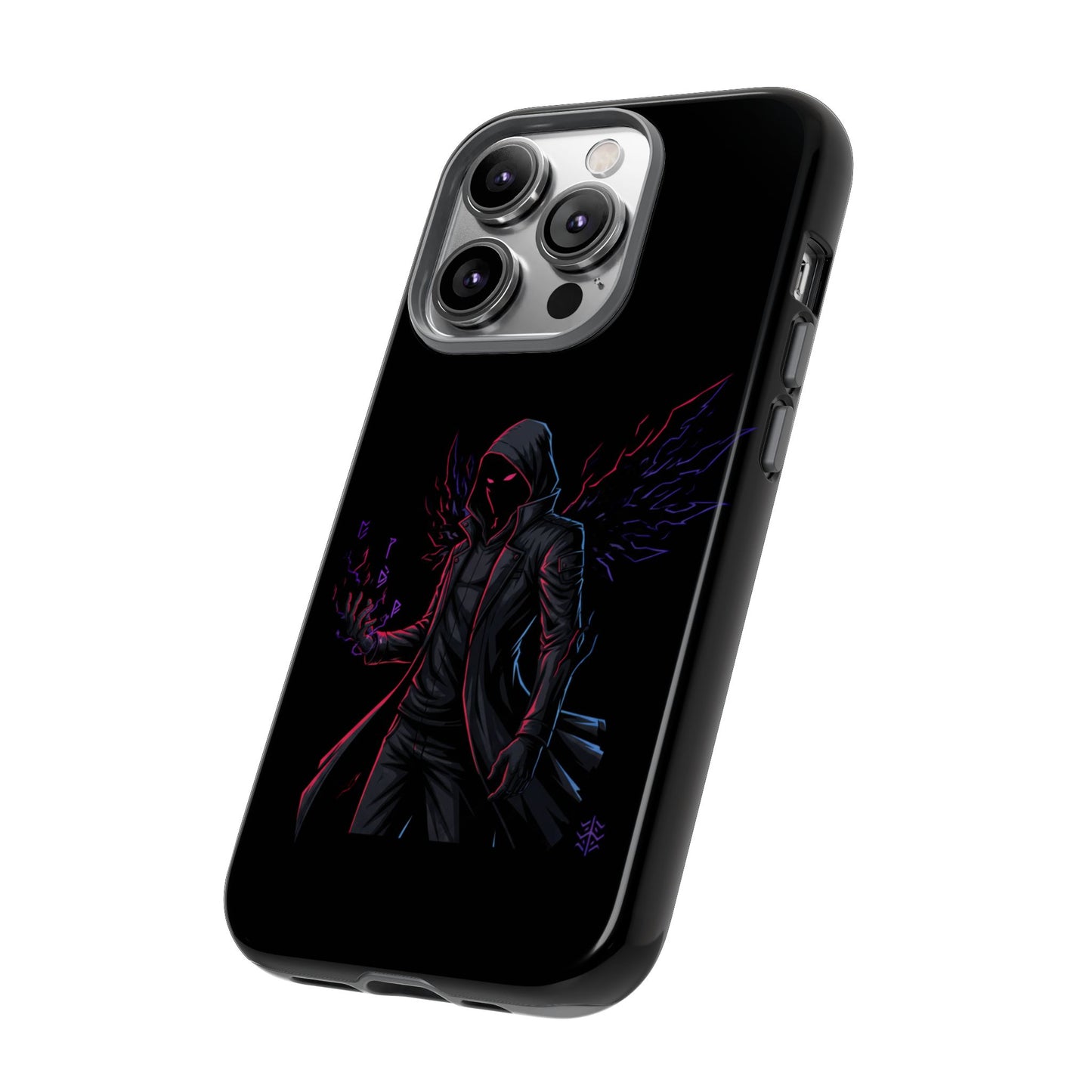 Dark Hoodie Shadow Warrior Phone Case – Protective Tough Case with Neon Winged Grim Reaper Design