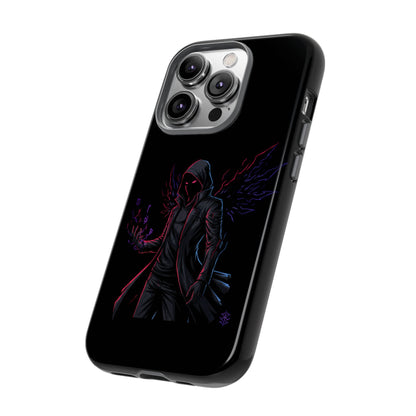 Dark Hoodie Shadow Warrior Phone Case – Protective Tough Case with Neon Winged Grim Reaper Design