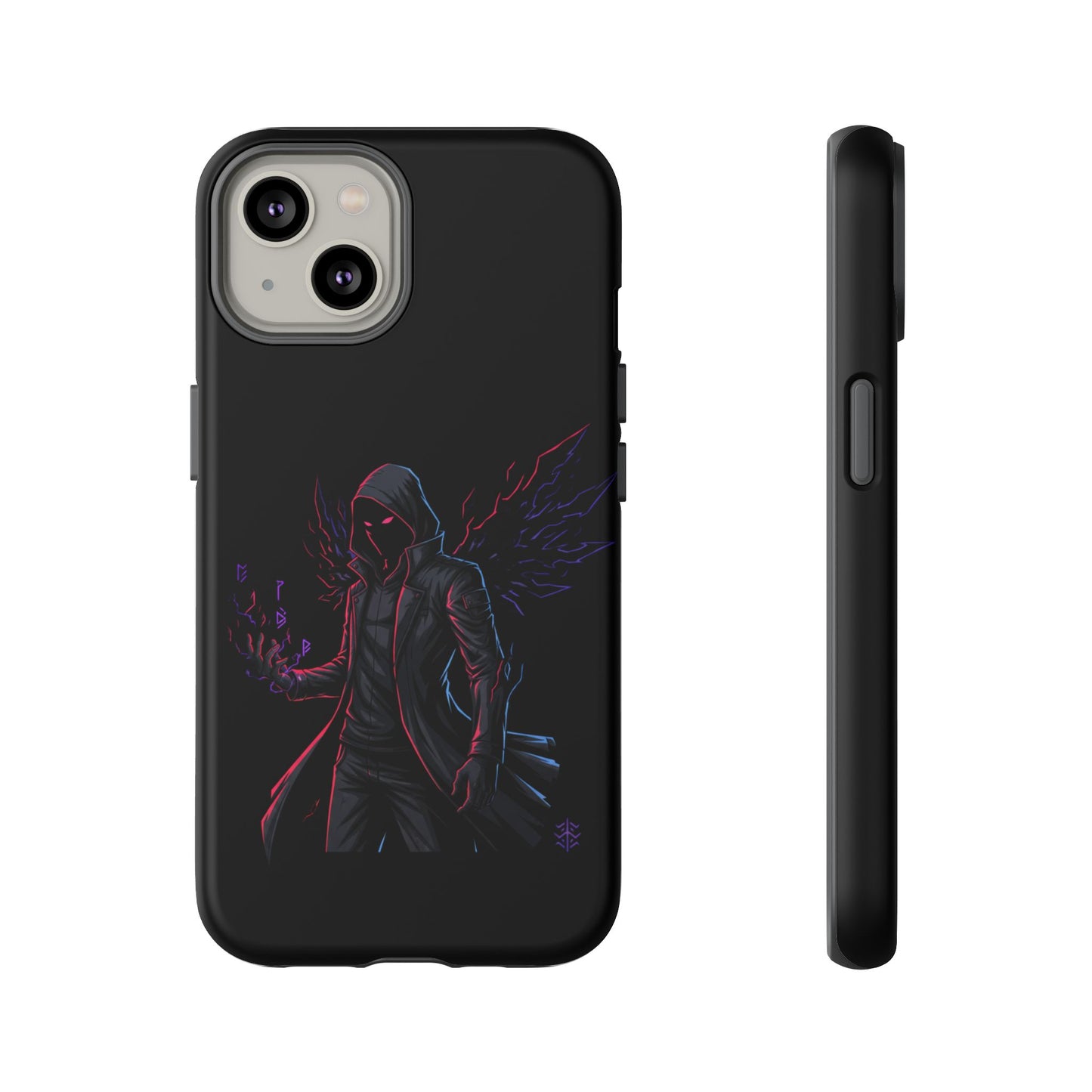 Dark Hoodie Shadow Warrior Phone Case – Protective Tough Case with Neon Winged Grim Reaper Design