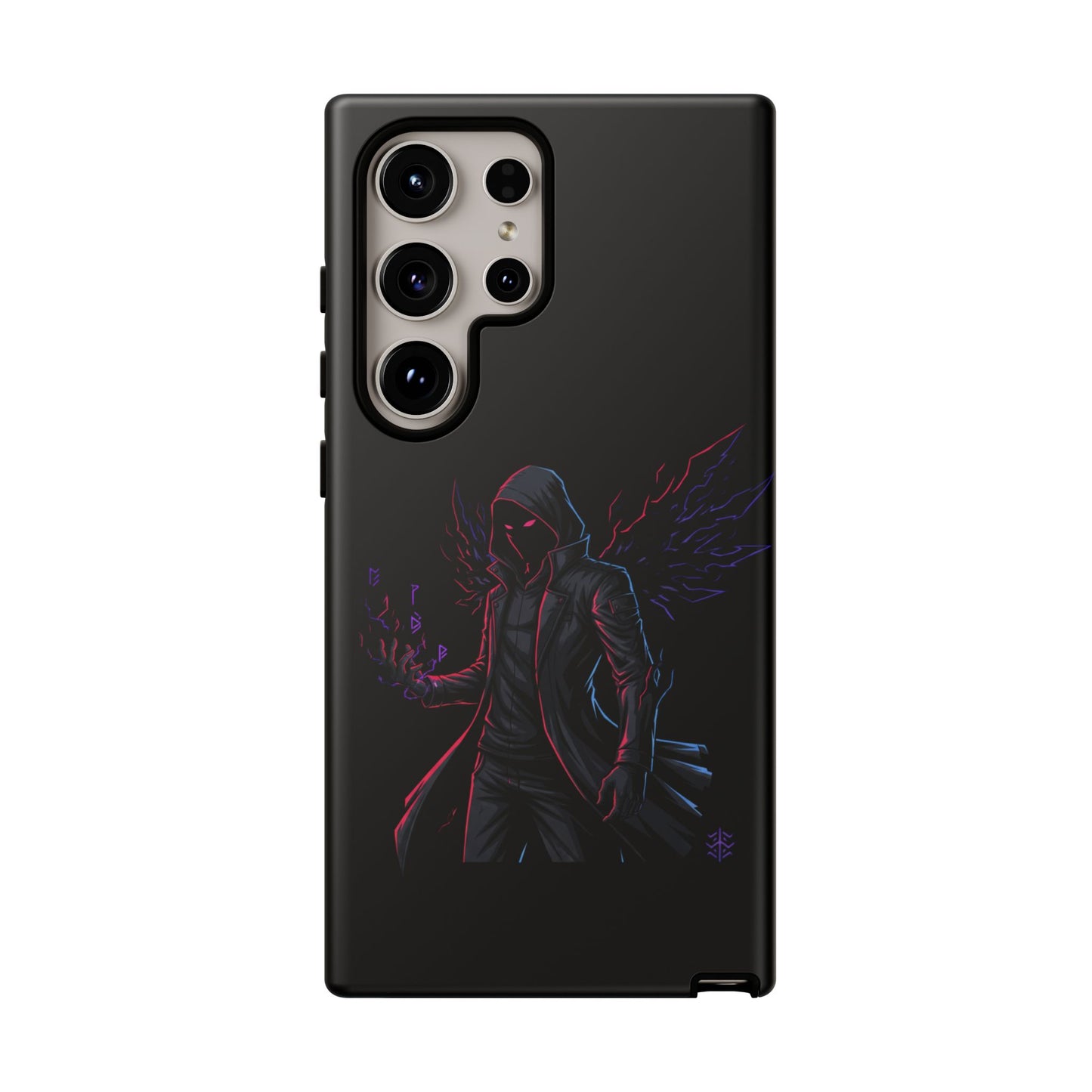 Dark Hoodie Shadow Warrior Phone Case – Protective Tough Case with Neon Winged Grim Reaper Design