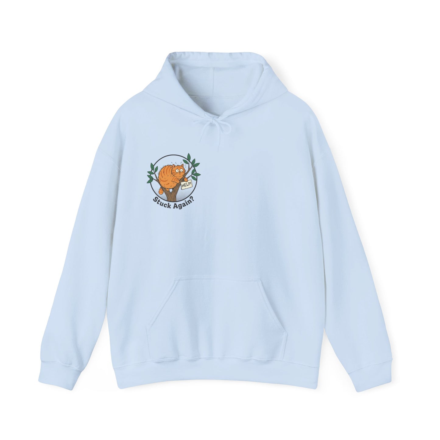 'Stuck Again?' Cat Hoodie — Funny Orange Cat in Tree Sweatshirt