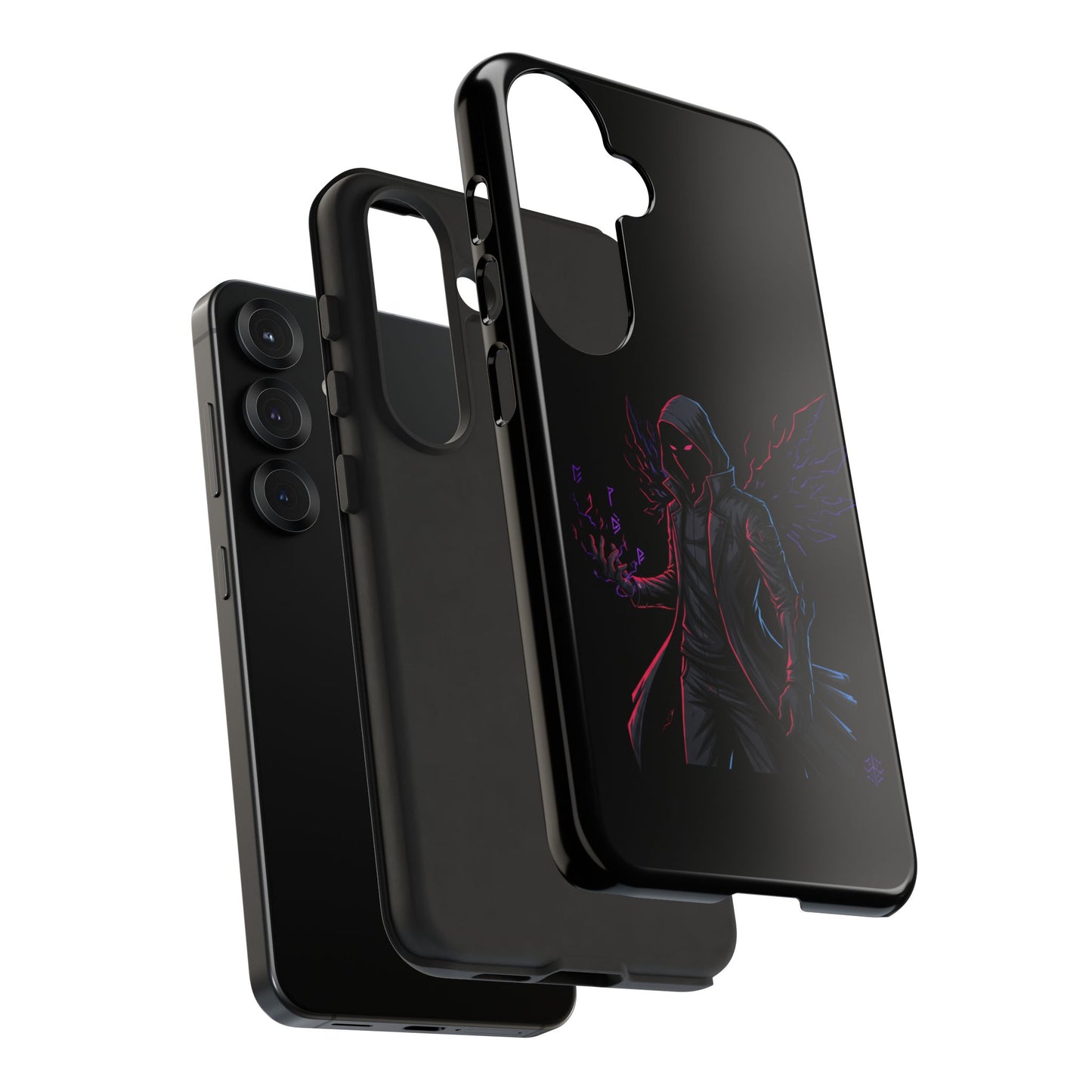 Dark Hoodie Shadow Warrior Phone Case – Protective Tough Case with Neon Winged Grim Reaper Design