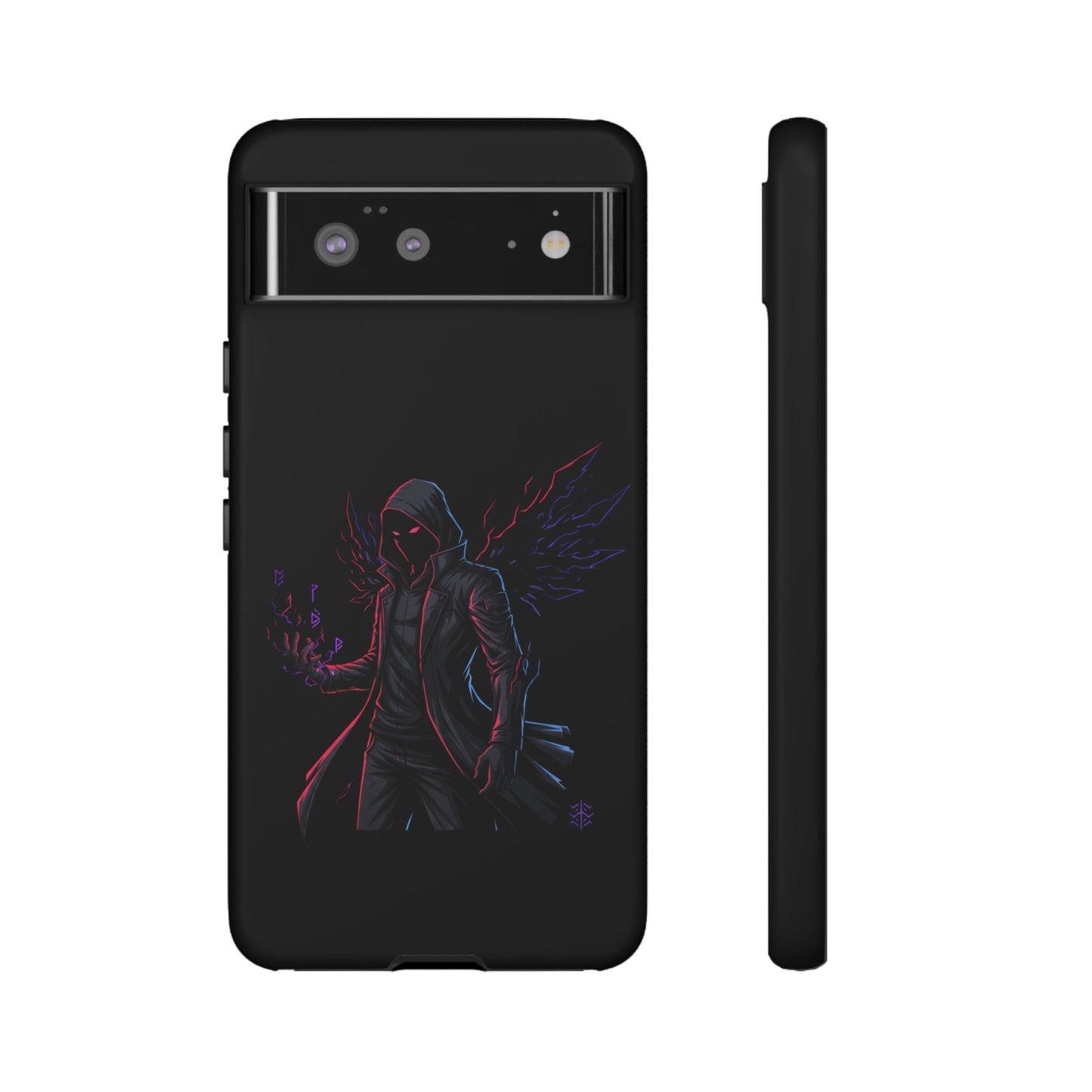 Dark Hoodie Shadow Warrior Phone Case – Protective Tough Case with Neon Winged Grim Reaper Design