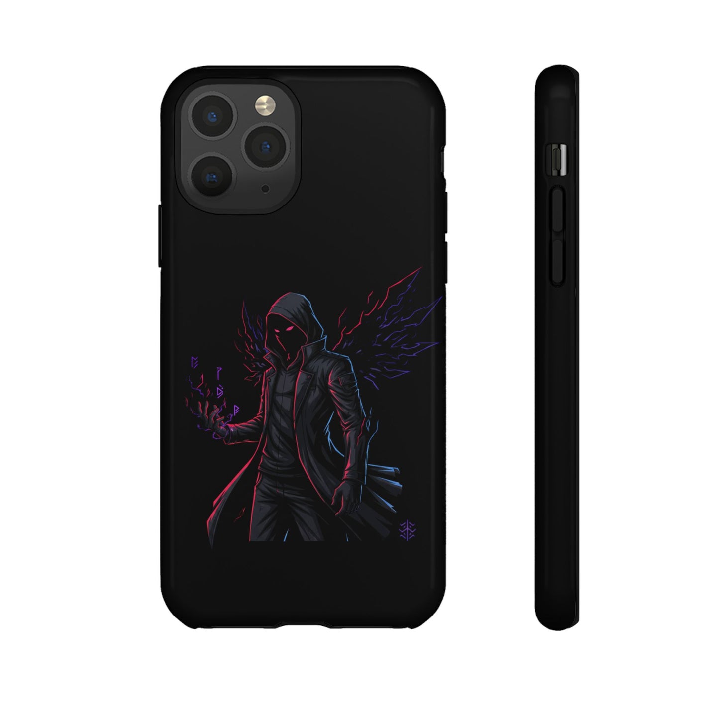 Dark Hoodie Shadow Warrior Phone Case – Protective Tough Case with Neon Winged Grim Reaper Design