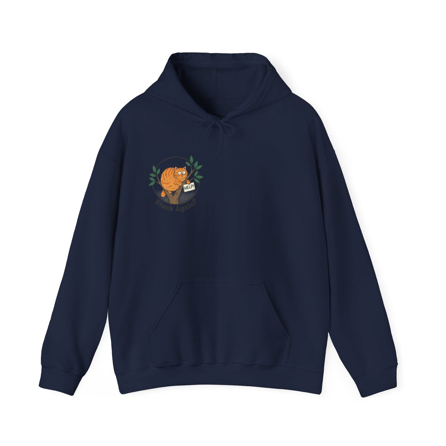 'Stuck Again?' Cat Hoodie — Funny Orange Cat in Tree Sweatshirt