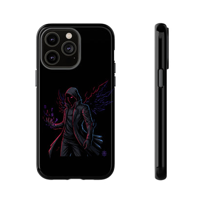 Dark Hoodie Shadow Warrior Phone Case – Protective Tough Case with Neon Winged Grim Reaper Design