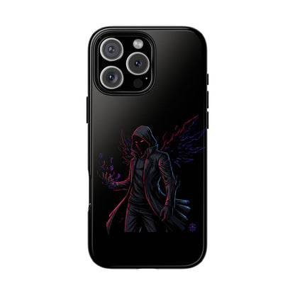 Dark Hoodie Shadow Warrior Phone Case – Protective Tough Case with Neon Winged Grim Reaper Design