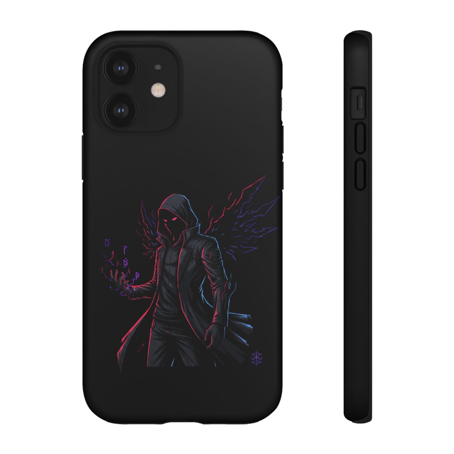 Dark Hoodie Shadow Warrior Phone Case – Protective Tough Case with Neon Winged Grim Reaper Design