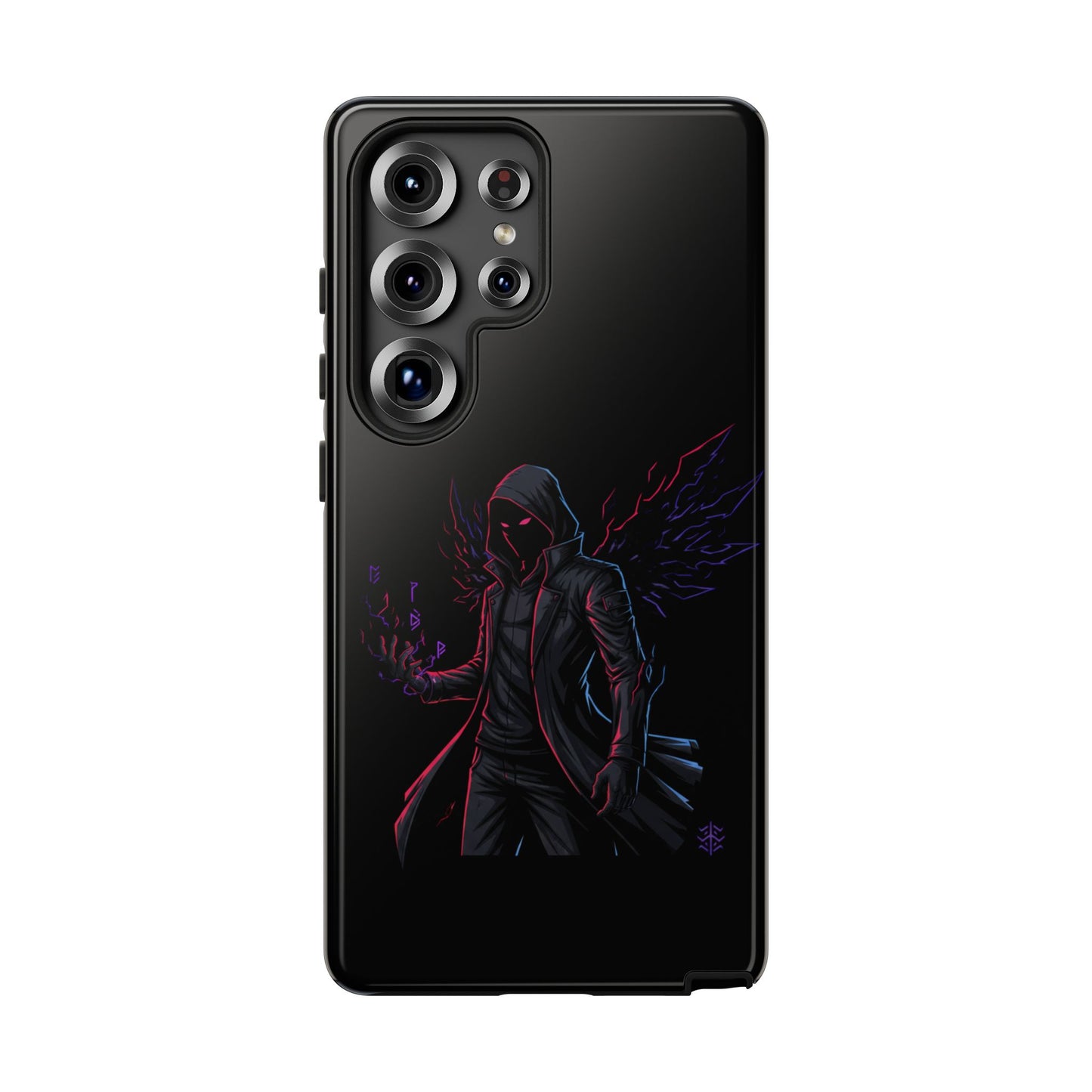 Dark Hoodie Shadow Warrior Phone Case – Protective Tough Case with Neon Winged Grim Reaper Design