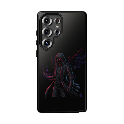 Dark Hoodie Shadow Warrior Phone Case – Protective Tough Case with Neon Winged Grim Reaper Design