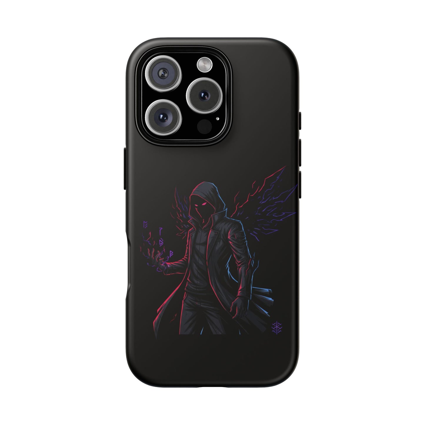 Dark Hoodie Shadow Warrior Phone Case – Protective Tough Case with Neon Winged Grim Reaper Design
