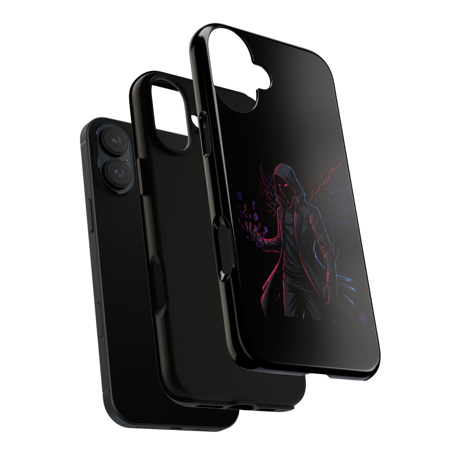 Dark Hoodie Shadow Warrior Phone Case – Protective Tough Case with Neon Winged Grim Reaper Design