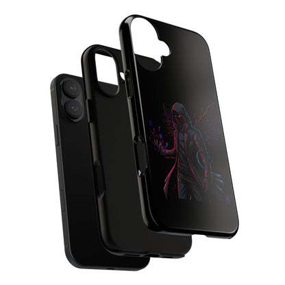 Dark Hoodie Shadow Warrior Phone Case – Protective Tough Case with Neon Winged Grim Reaper Design