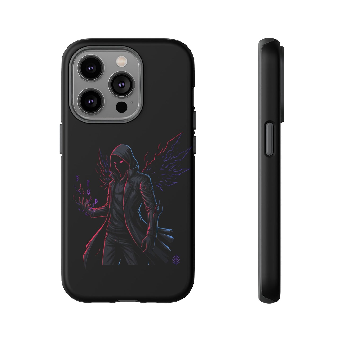 Dark Hoodie Shadow Warrior Phone Case – Protective Tough Case with Neon Winged Grim Reaper Design