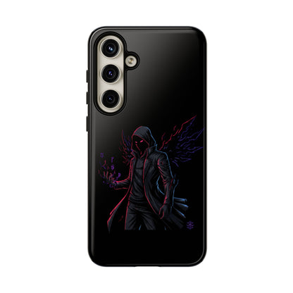 Dark Hoodie Shadow Warrior Phone Case – Protective Tough Case with Neon Winged Grim Reaper Design