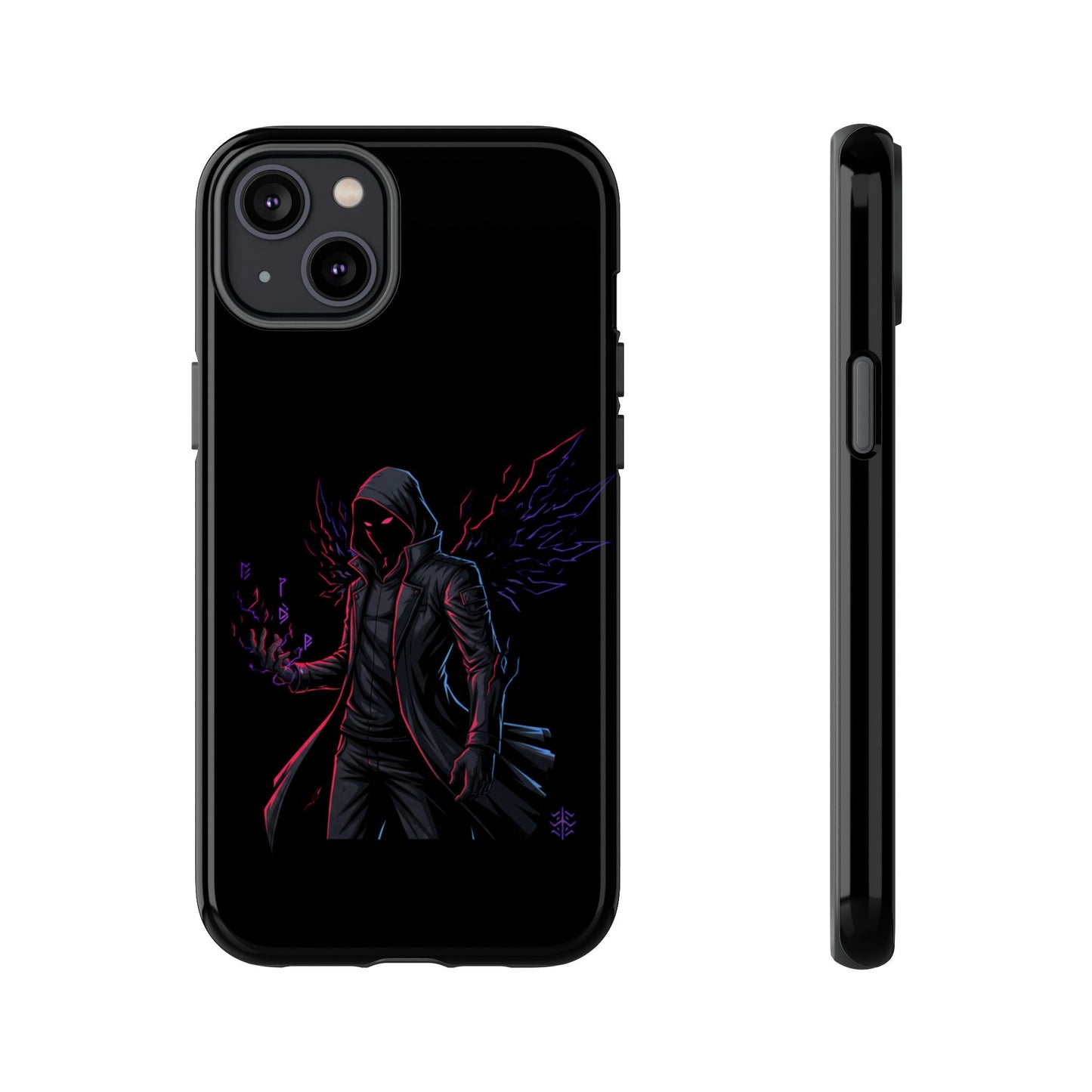 Dark Hoodie Shadow Warrior Phone Case – Protective Tough Case with Neon Winged Grim Reaper Design