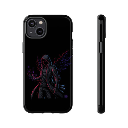 Dark Hoodie Shadow Warrior Phone Case – Protective Tough Case with Neon Winged Grim Reaper Design