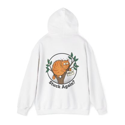 'Stuck Again?' Cat Hoodie — Funny Orange Cat in Tree Sweatshirt